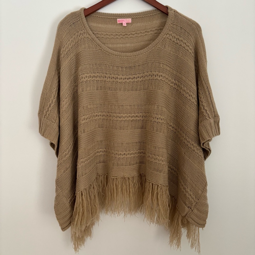 WOVEN HEART | Tan Boho Cotton Blend Knit Sweater Fringe Cape Poncho | Size M